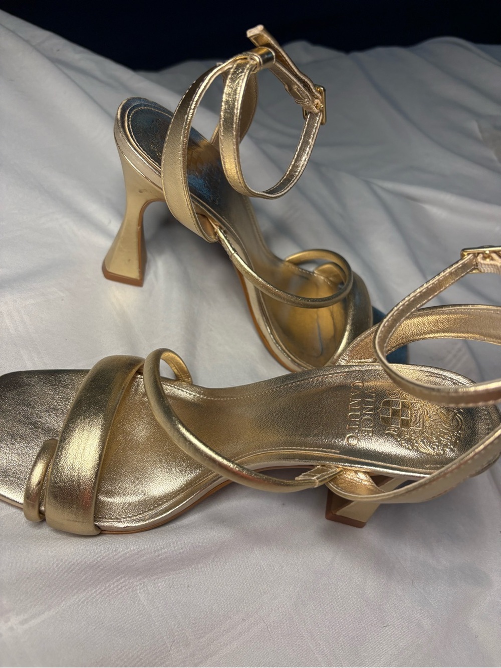 Vince Camuto Gold Metallic Strappy Ankle-Heel Sandals